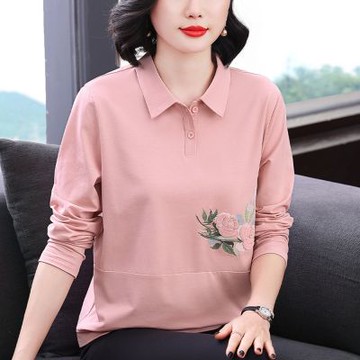 [巴黎精品] 現貨+預購 高級長袖POLO衫寬鬆上衣針織衫簡約大碼休閒大尺碼女裝百搭媽媽裝-玫瑰款2色a1lq22