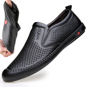 涼皮鞋男士休閑軟底開車男鞋夏季洞洞鞋子鏤空爸爸透氣真皮涼鞋男