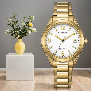 CITIZEN 星辰 簡約大三針光動能女錶-金x白/33.5mm FE6122-64A