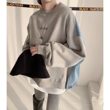 日本 Belle Cie 精緻韓風 | 街頭風丹寧拼接T恤 | 內刷毛寬鬆上衣 | 背面牛仔布