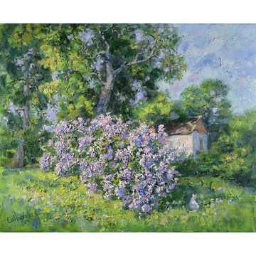 丁香畫風景房子樹木夏季自然原創藝術品