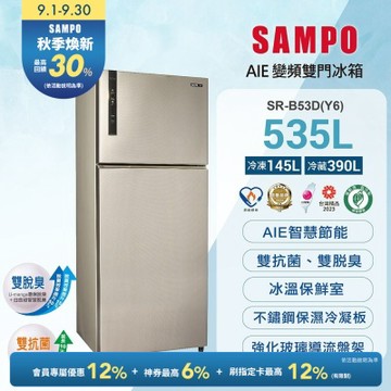 SAMPO 聲寶 535L台灣製一級能效平面鋼板系列變頻右開冰箱SR-B53D(Y6)含基本安裝+舊機回收