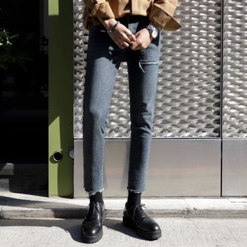 MRCYC男士秋季修身小腳牛仔褲直筒休閑九分褲韓系潮流破洞男褲子