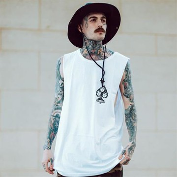 Tattoo美式vintage印花砍袖t恤男女黑桃小眾設計感流行無袖上衣