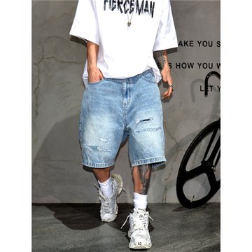 美式街頭痞帥破洞牛仔短褲男潮牌寬松休閑五分褲休閑百搭闊腿中褲