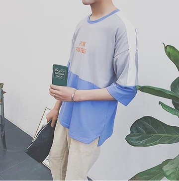 FINDSENSE 時尚潮流 男 百搭 拼色 字母刺繡 寬鬆落肩 五分袖 短袖T恤 圓領上衣短T 特色短T