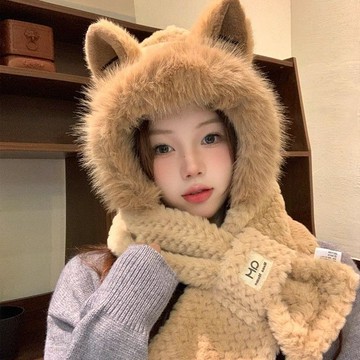 秋冬新款 日系 帽子 毛絨帽女秋冬季圍巾一體保暖加絨騎車圍脖可愛防寒護耳新款  毛帽 針織帽 保暖帽