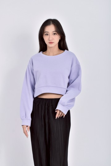 (L) hongxique質感修身短版素面藍色長袖上衣