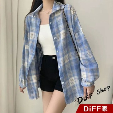 【DIFF】韓版寬鬆復古格紋襯衫 外套 上衣 女裝 衣服 薄外套 罩衫 防曬外套 小外套【J385】
