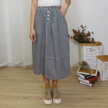 Hana Mokuba 鬆緊腰格紋排扣長裙