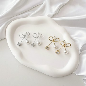 【SKART現貨2色新品】925純銀金銀珍珠蝴蝶結碎鑽耳釘🔥耳針 耳環 配飾 珍珠光 耳飾 復古輕奢 女生飾品 韓系耳環