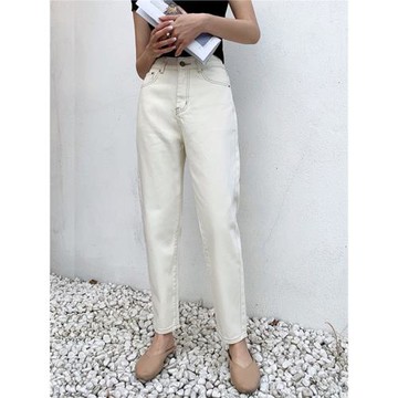 2025年春夏梨形身材米白色黑色九分高腰直筒寬松顯瘦蘿卜牛仔褲女