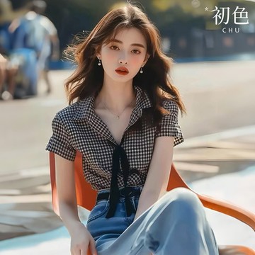 初色 韓版顯瘦氣質格紋西裝領飄帶短袖襯衫上衣女上衣-黑白格紋-37779(M-XL可選)