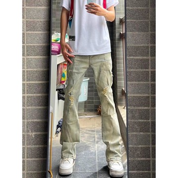 美式高街破洞牛仔褲男破壞水洗做舊vibe風微喇叭褲男