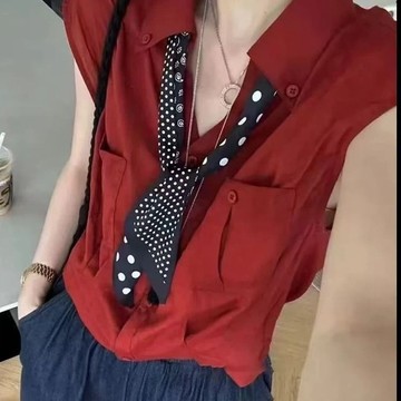 POLO領上衣 襯衫 襯衣 無袖襯衫 夏季新款韓版時尚百搭無袖襯衫女寬鬆顯瘦POLO領配絲巾上衣潮 女裝 上衣