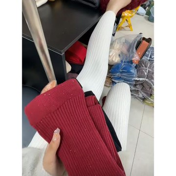 2024冬季新款時尚歐貨重工亮片羊毛針織褲女彈力高腰保暖打底褲潮