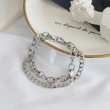 ins原創扁O字NK鏈雙層拼接手鏈鈦鋼潮人男女冷淡風嘻哈土酷手飾品