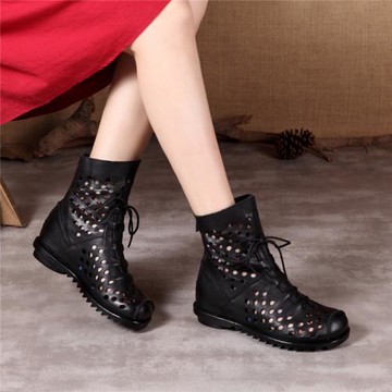 2025春季新款真皮鏤空網面洞洞涼靴內增高短靴女士媽媽夏季網靴子