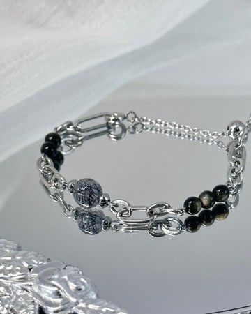 浪漫黑騎士水晶可調式手鍊 - 醫療鋼/黑髮晶/金曜石