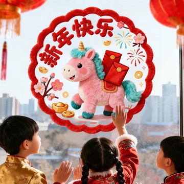臺灣最低🛒2026馬年靜電玻璃貼5D毛絨窗花裝飾品元旦跨新年春節氛圍櫥窗門貼TE