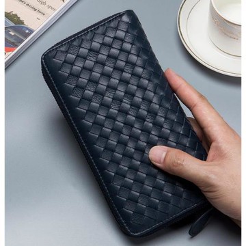 時尚羊皮手工編織長款拉鏈錢包女復古真皮大容量錢夾多卡位手拿包