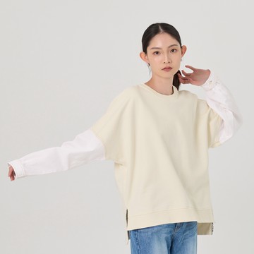 【ERSS】女裝 長袖上衣 厚長T 厚T 拼接 假兩件 撞色 前短後長 寬版 米白【K60235】