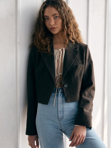 Linen Cropped Jacket_Brown