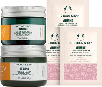 【THE BODY SHOP】維C亮膚霜霜組  (任2 維他命C亮膚修護霜-50ml/維他命C亮膚晶凍-50ml  贈維他命E日霜1ml*3)
