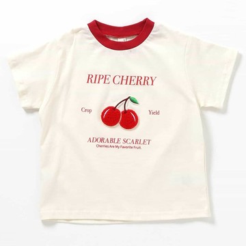 日本 apres les cours - 可愛立體刺繡短袖上衣-櫻桃-象牙白