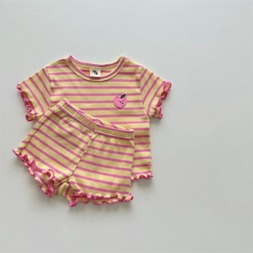 Healthy baby 夏季新款薄款冰絲短袖短褲兩件條紋寶寶女童套裝夏天衣服 女套裝 短袖套裝 兩件套