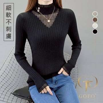 GOFO 長袖針織 細軟不刺膚 韓系穿搭 修身顯瘦 彈性針織衫 小心機V領拼接微透蕾絲 彈性性感穿搭 冬季服飾 春天女裝