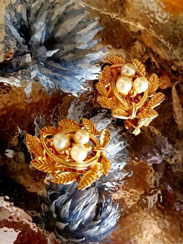 vintage jewelry 古典金色珍珠枝葉圖騰 夾式耳環