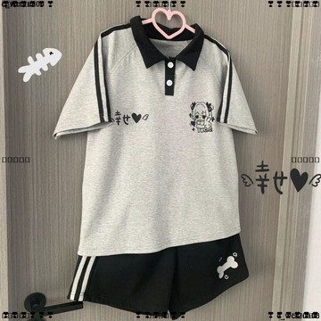 超實惠 十 辣妹上衣 短袖 T恤 日系可愛宅宅萌感二次元運動短袖polo領短袖T恤上衣+短褲套裝女夏