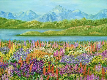 阿拉斯加山繪畫羽扇豆花卉藝術品在畫布上 35 x 50 厘米 LeTi