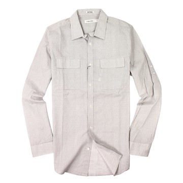 美國百分百【全新真品】Calvin Klein 襯衫 CK 長袖 上衣 灰 純棉 春夏 雙口袋 格紋 男 M號 E031