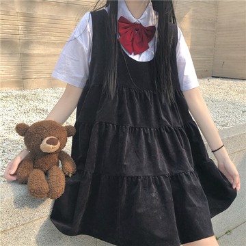 |自制|新款2020春夏學院風圓領層次蛋糕裙中裙韓版寬松黑色背帶裙