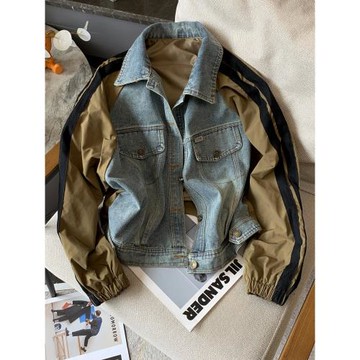 春秋季牛仔翻領短款外套女休閑兩條杠工裝夾克上衣寬松黑色棒球服