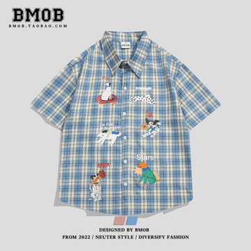 BMOB美式復古趣味小狗印花格子短袖襯衫男女夏季休閑痞帥情侶上衣