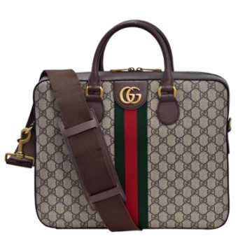 GUCCI 古馳 經典Ophidia系列帆布印花綠紅綠織帶皮革飾邊拉鍊公事包