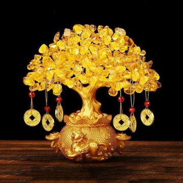 黃水晶招財樹擺件 中號 貔貅聚財開運吉祥物 客廳玄關旺財招財擺飾 開業喬遷新年送禮工藝品 貔貅金元寶擺設 新年招財送禮擺件