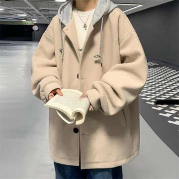 毛呢大衣男中長款連帽風衣春秋新款韓式潮流寬松呢子外套男士衣服