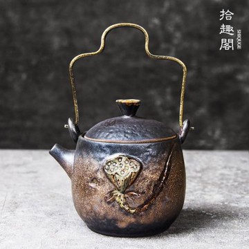 日式復古普洱鎏金柴燒陶瓷茶壺