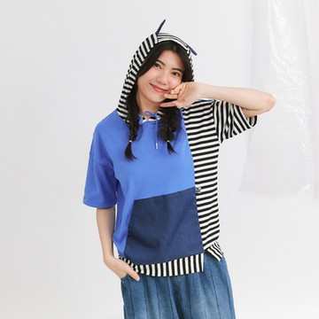 【Dailo】不對襯拼接短袖上衣 藍