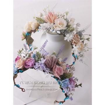 原創設計紫色系森系新娘絹紗皇冠發箍花環頭花結婚禮拍攝影發飾新
