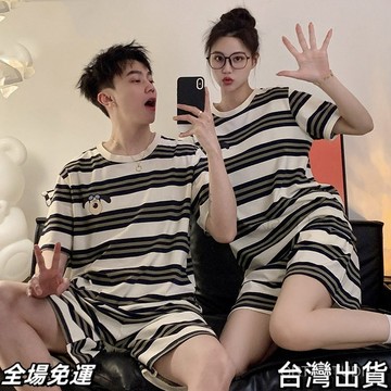 現.貨 睡衣情侶裝一男一女士純棉春夏款短袖學生ins夏季套裝卡通傢居服AA