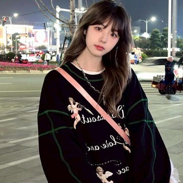 美式復古棋盤格衛衣女秋冬bf慵懶加絨加厚無帽外套寬松學生上衣服