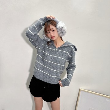 半拉鍊橫條翻領毛衣-深灰【KT224785】