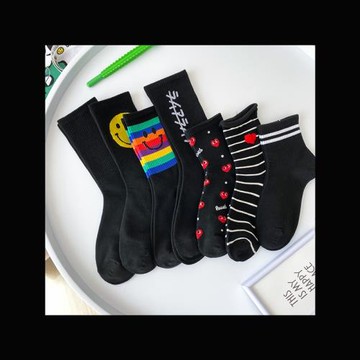 黑色中筒襪子女笑臉夏季韓國日系純棉百搭襪 ins潮街頭春秋長款襪