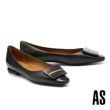 低跟鞋 AS 簡約質感金屬橫條方釦全真皮小方頭低跟鞋－黑