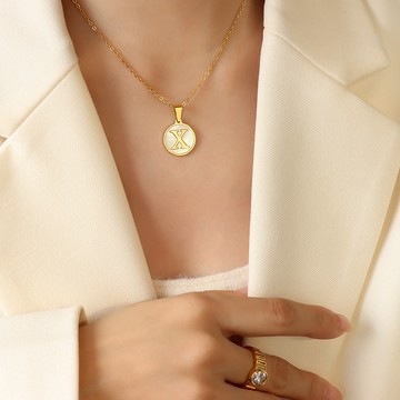 台灣客製化鏈長項鍊 圓型貝殼字母Ｘ金色鎖骨項鏈－DUSHA ACCESSORY 杜莎飾品